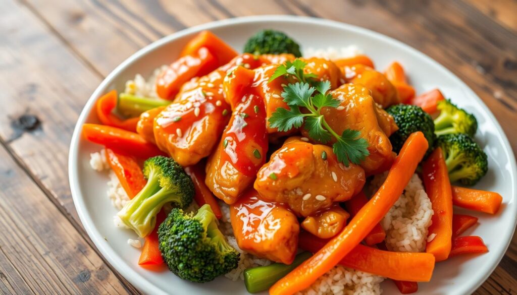 Serving orange chicken with vegetables for a meal presentation